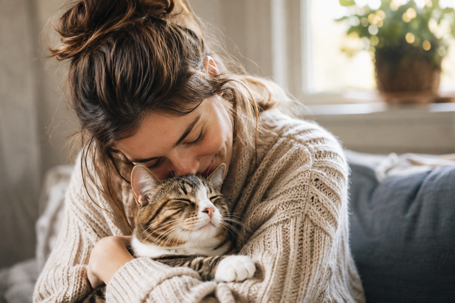 Une femme serrant tendrement un chat contre elle dans un intérieur chaleureux